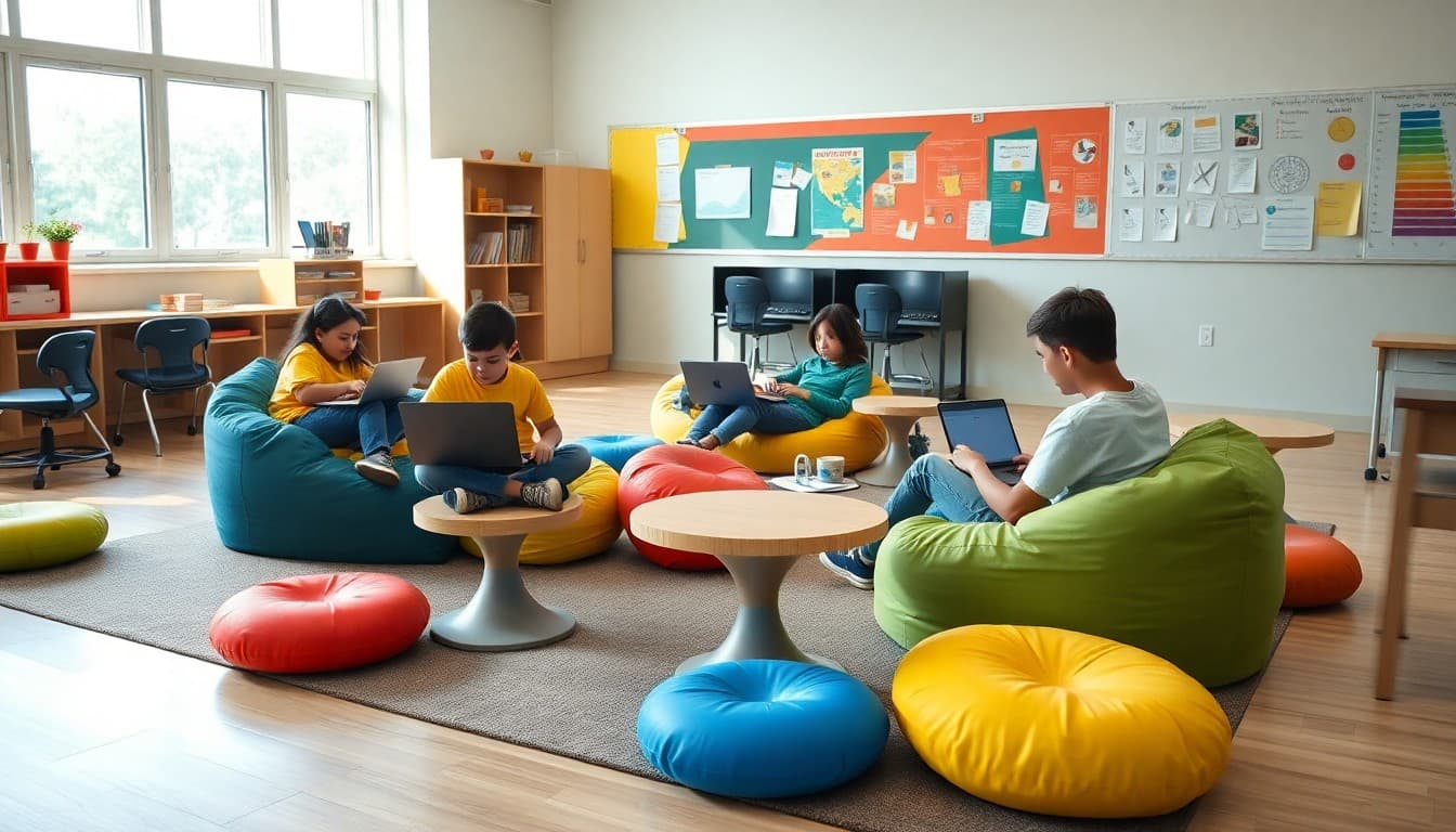 Students working in a flexible seating classroom with bean bags, wobble stools, and floor cushions