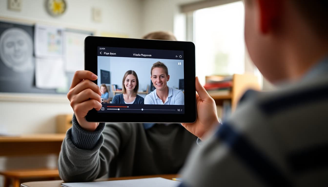 Student recording a Flipgrid video response on a tablet with classroom books visible in the background