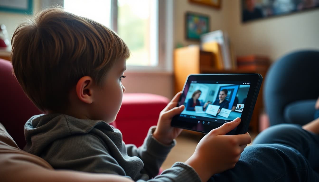 Student watching a teacher-created instructional video on a tablet at home