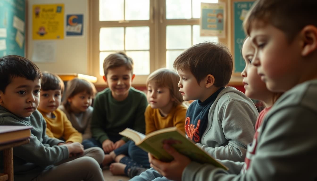 Students listening to a folktale read-aloud in a cozy corner of the classroom