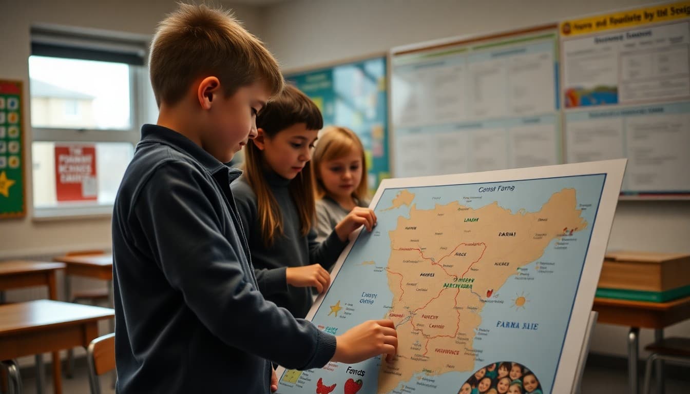 Students tracing the journey of food from farm to table on a classroom map
