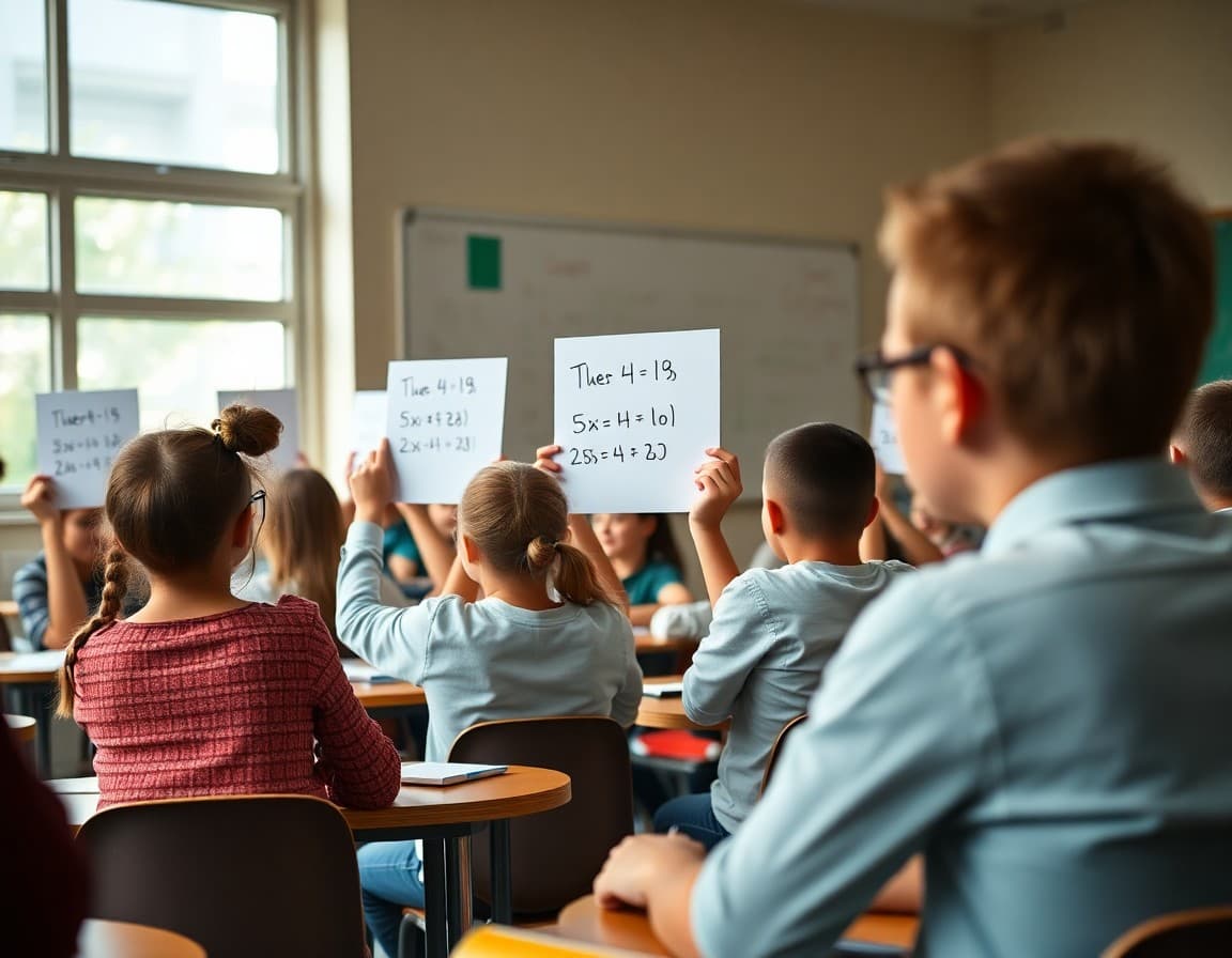 Students holding up whiteboards with their answers during a formative check in class