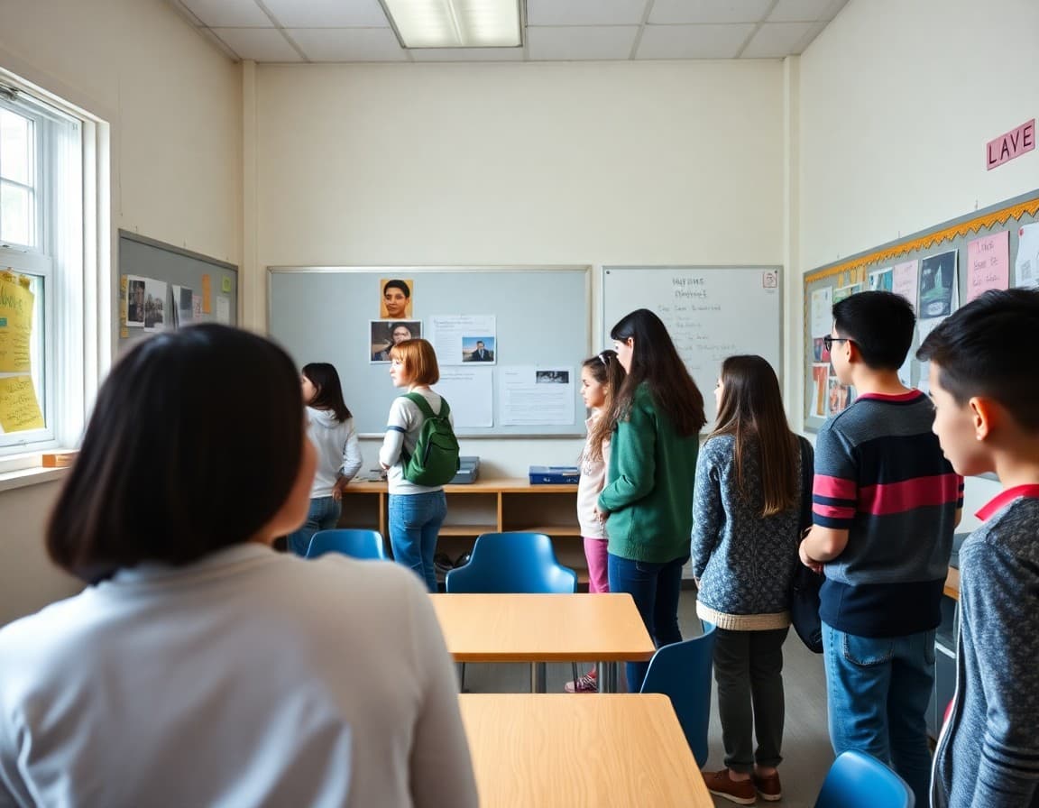 Classroom gallery walk setup with student work and response sticky notes on walls