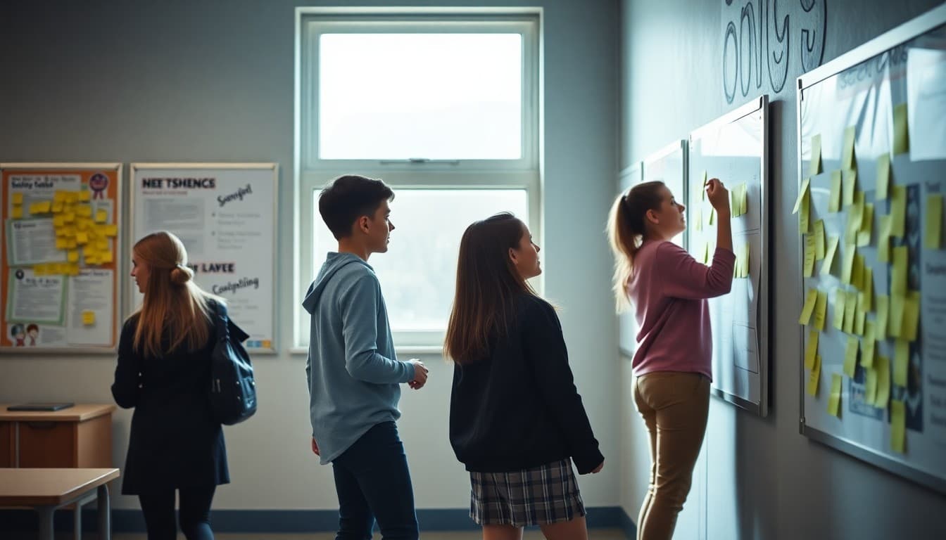 Students moving between posters on classroom walls reading and adding sticky notes