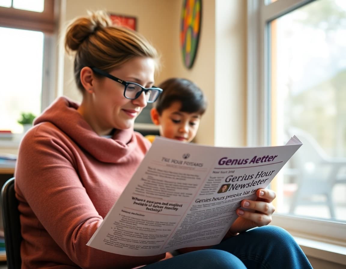 Parent reading a newsletter update about genius hour projects in their child's classroom