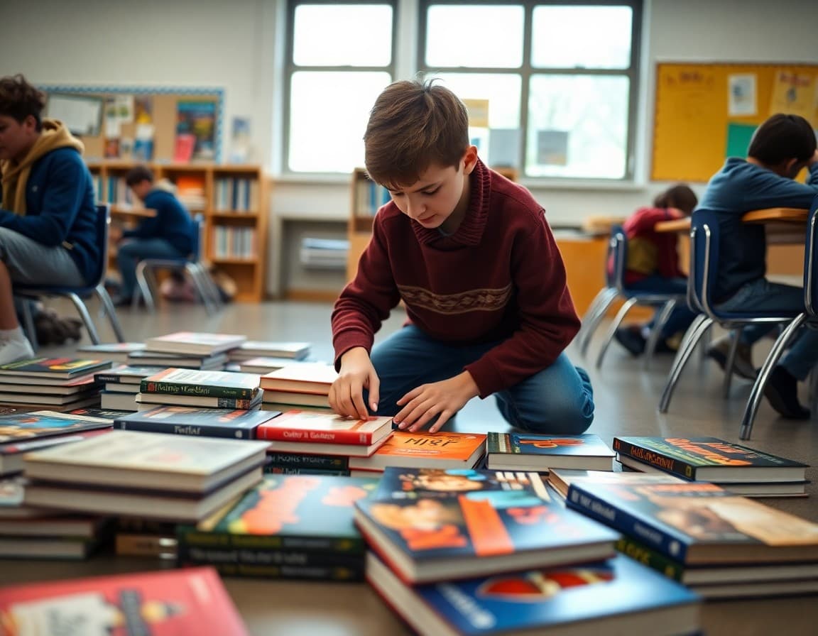 Student sorting book covers into genre categories on a classroom floor