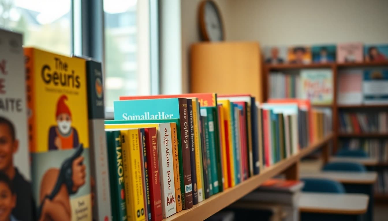 Colorful display of books from different genres arranged by category on a classroom shelf