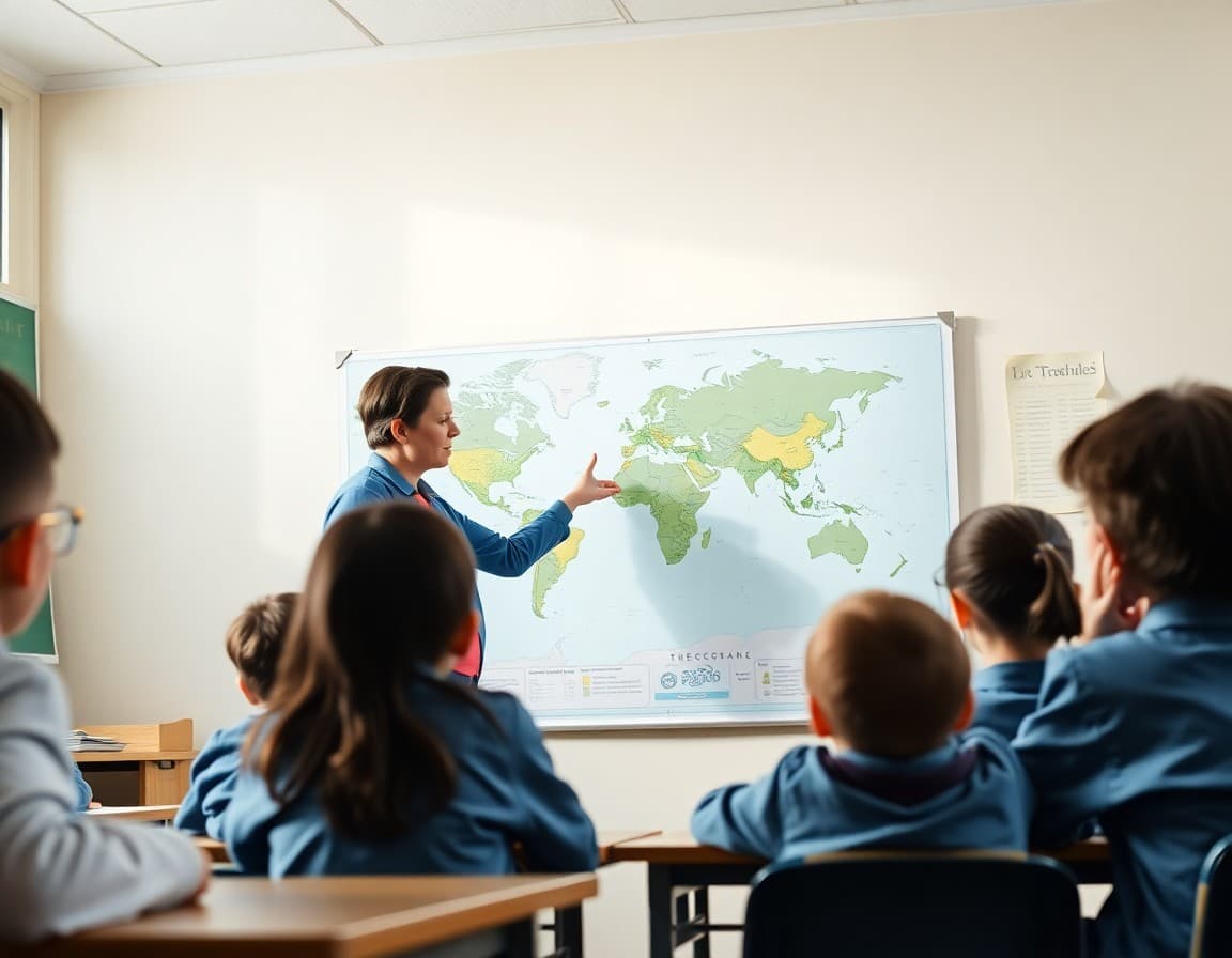 Teacher pointing to a world map with students gathered around in a classroom
