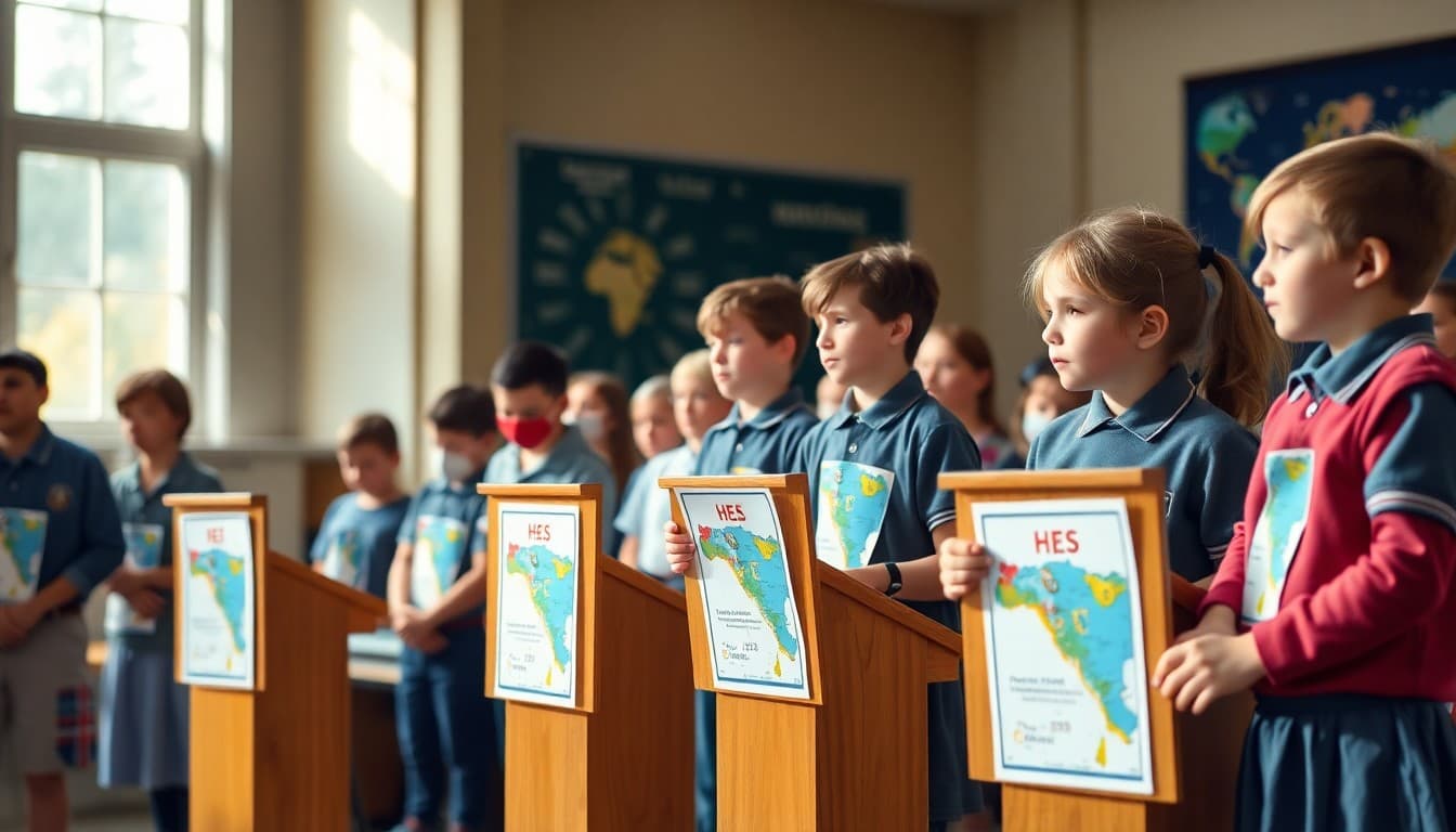 Students standing at podiums during a school geography bee competition