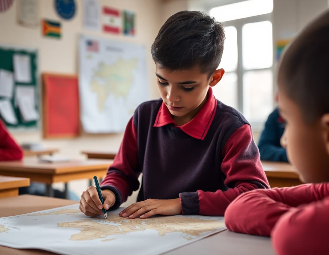 Student marking countries on a blank map as part of a geography research project
