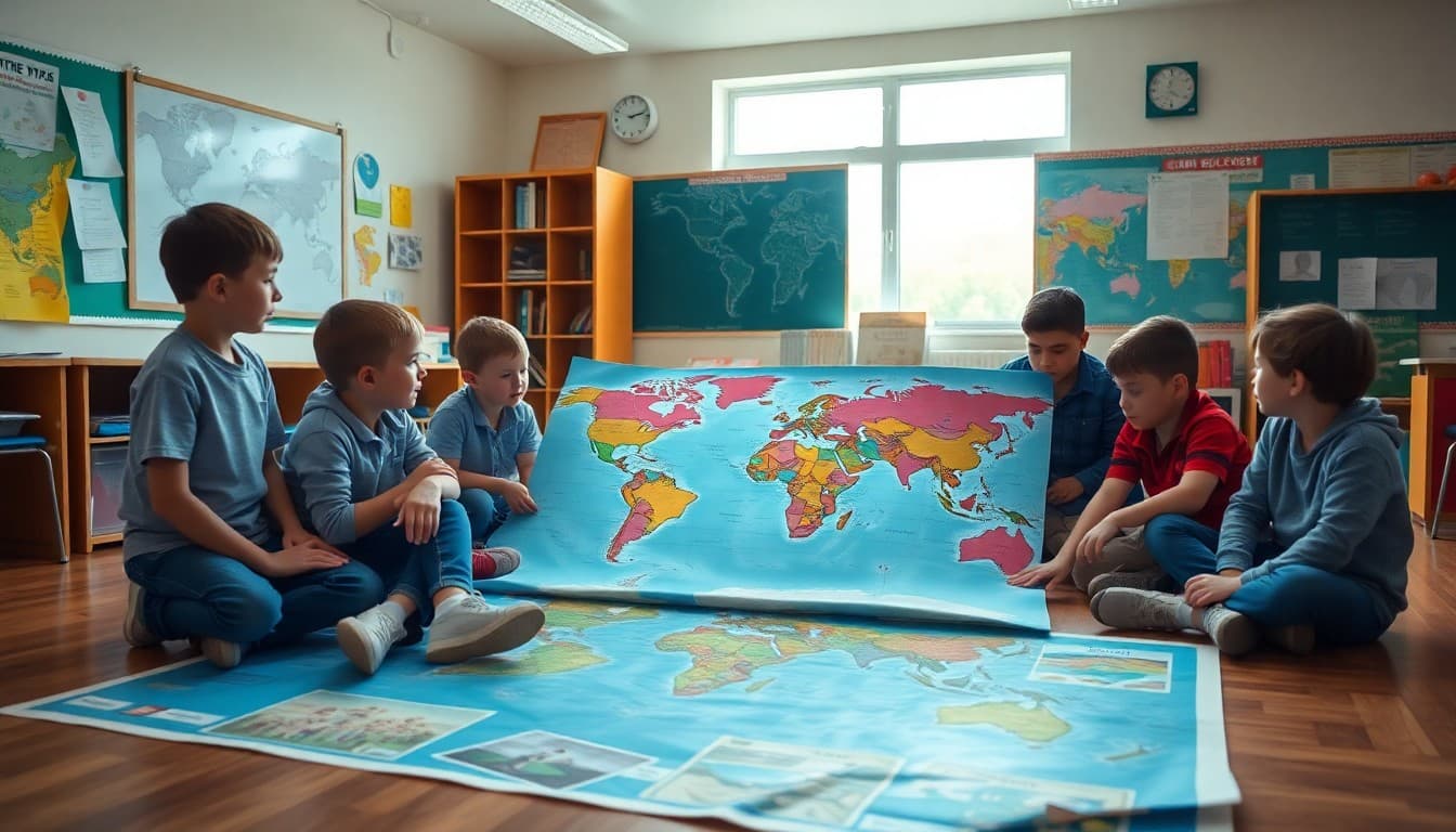 Students gathered around a large world map on a classroom floor during a geography unit