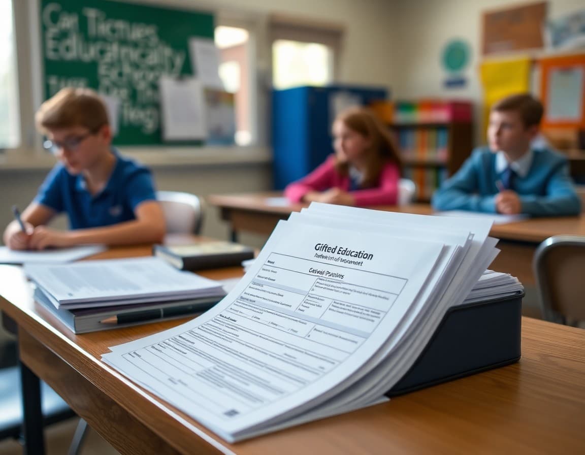 Gifted education referral forms and assessment materials on teacher desk