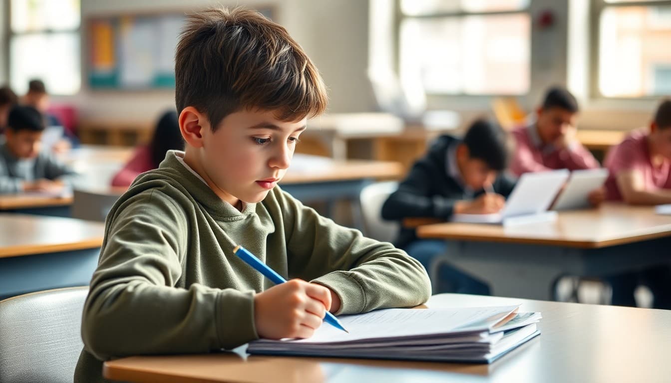 Student working on advanced challenge problems at desk in bright classroom