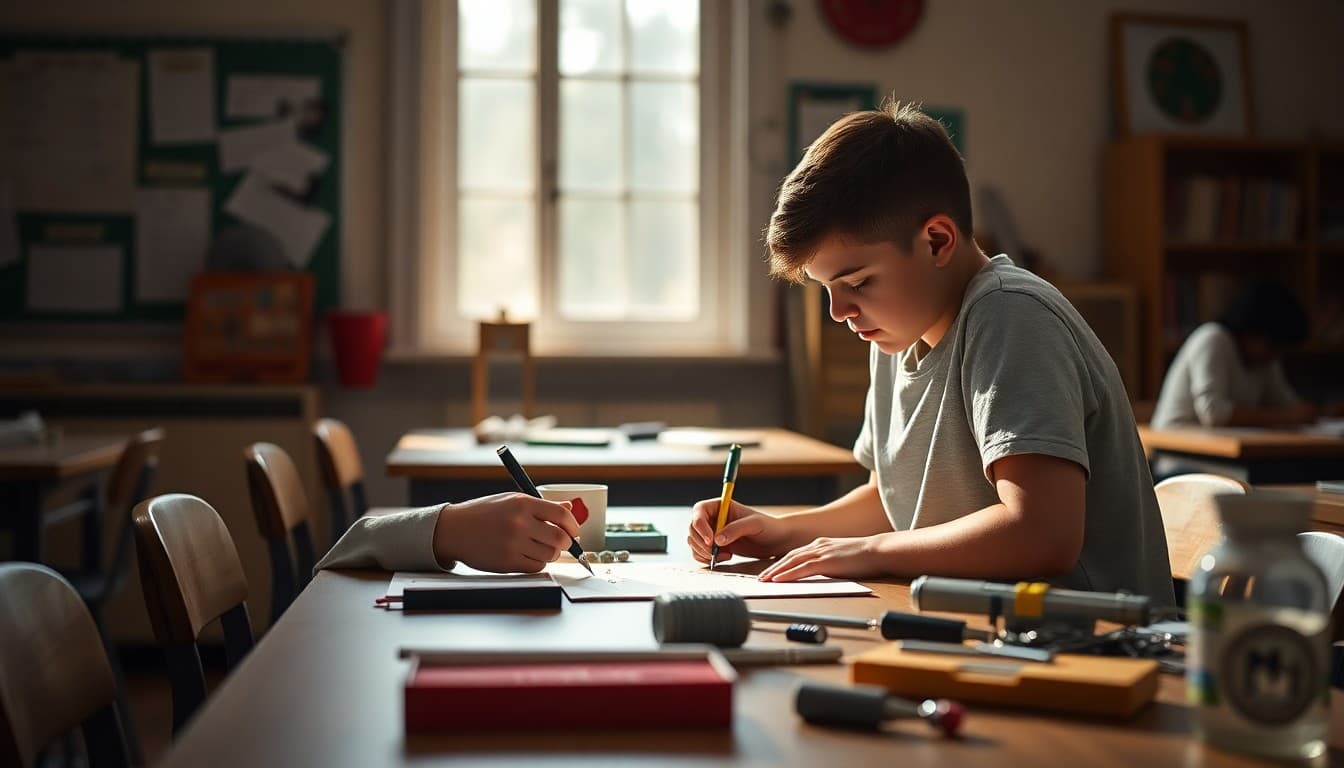 Advanced student working on an extension project at a classroom table with complex materials