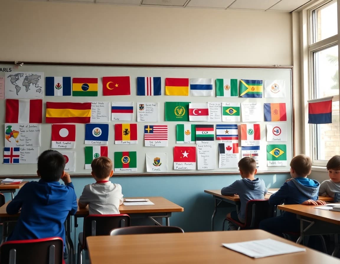 Classroom display showing student-created flags, facts, and cultural notes about countries worldwide