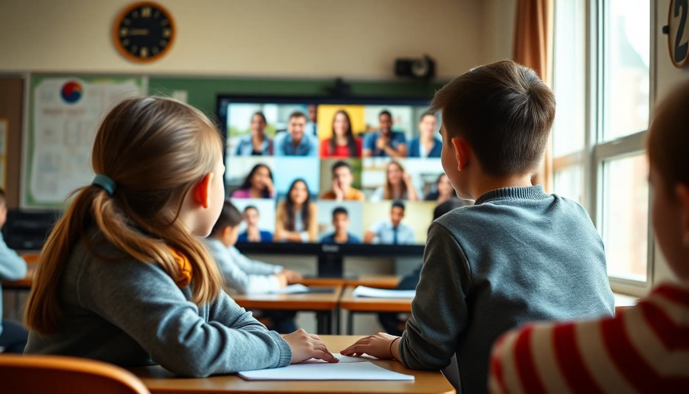 Students on a video call with pen pals from another country in a classroom