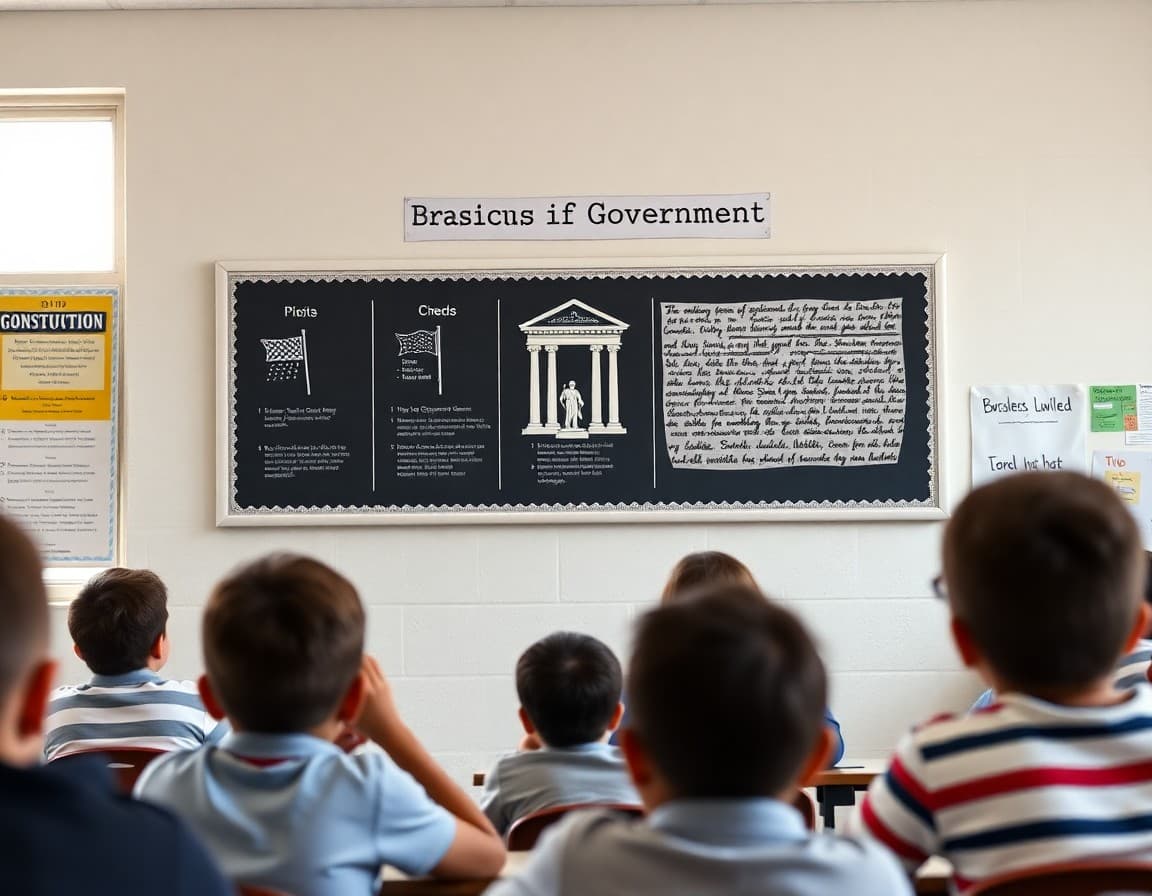 Classroom civics wall display with three branches of government and Constitution excerpt