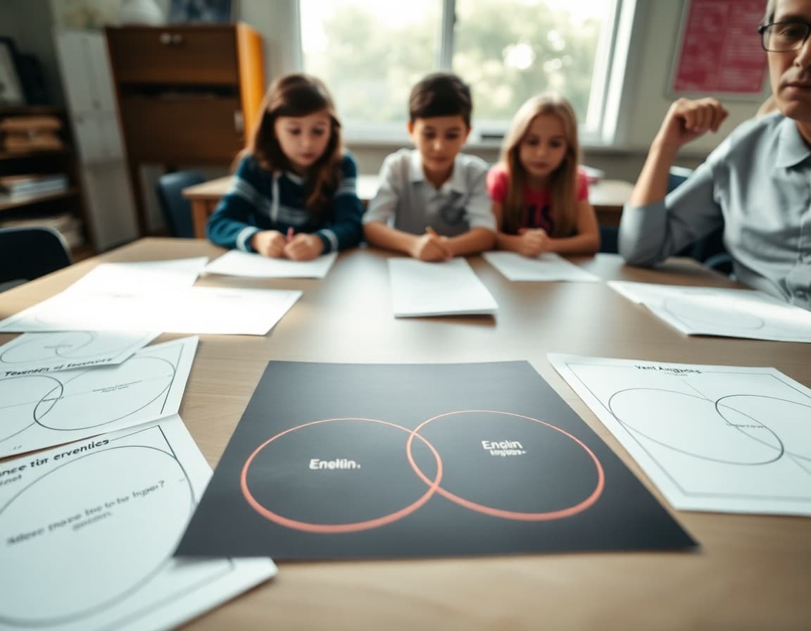 Several types of graphic organizers spread on a table including Venn diagrams