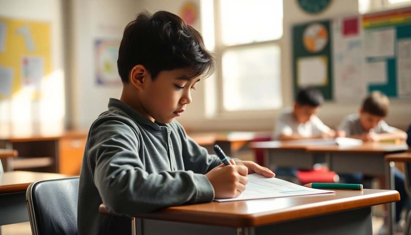 Student filling in a graphic organizer worksheet at a classroom desk