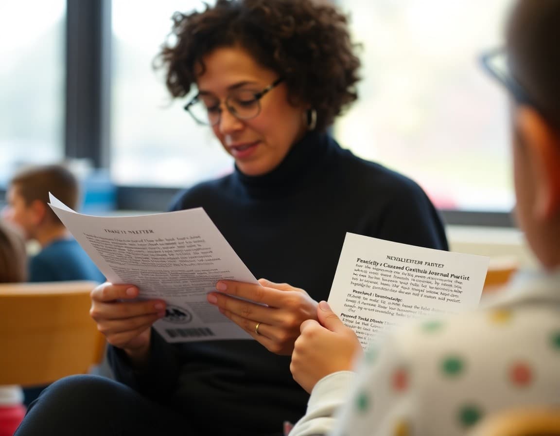 Parent reading a teacher newsletter about classroom gratitude journal practice for families