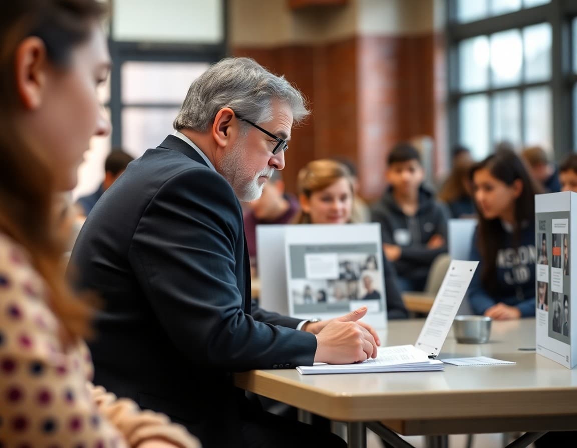 Judge reviewing a student documentary project at a History Day competition table