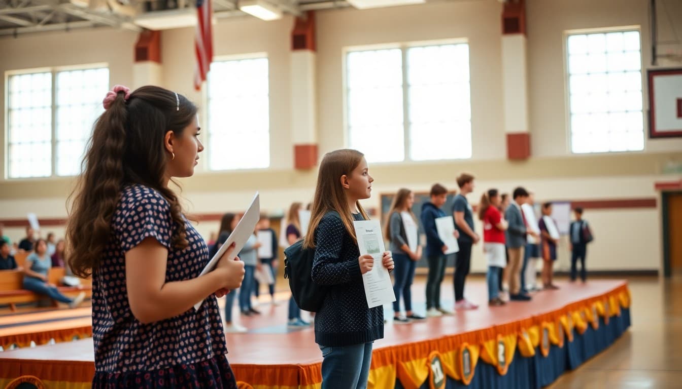 Students presenting History Day projects on a decorated gymnasium stage