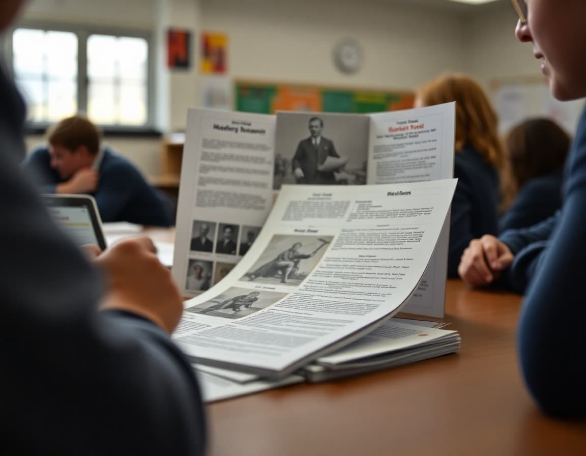 Close-up of a history fair research paper with primary source documents alongside