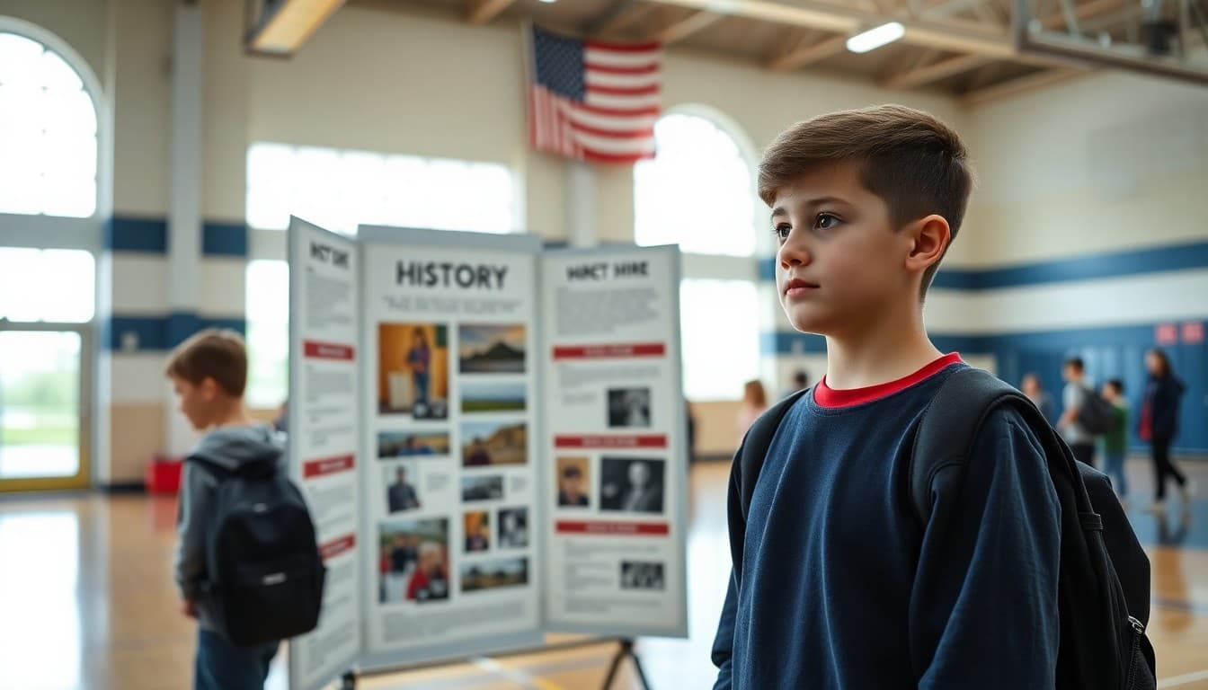 Student standing next to a tri-fold history fair display board in a school gymnasium