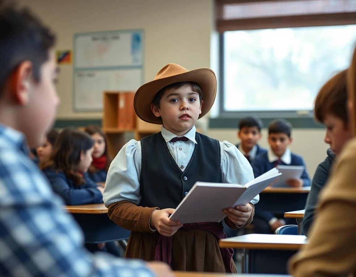 Student in period costume presenting a history biography project at school