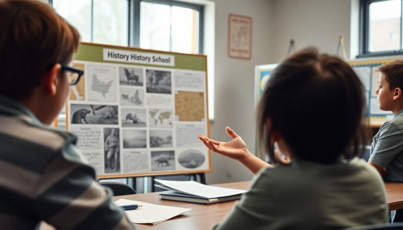 Student presenting a history research project to classmates in front of a display board