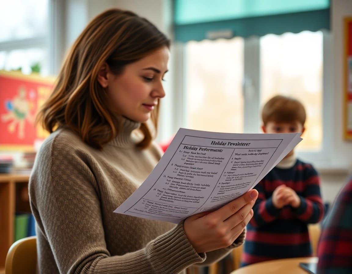 Parent reading a teacher newsletter that includes holiday performance schedule and what students will perform