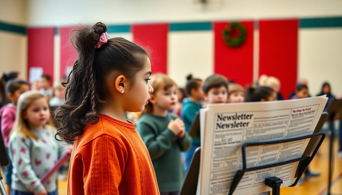 Students rehearsing for a holiday performance in the school gym with teacher newsletter on music stand