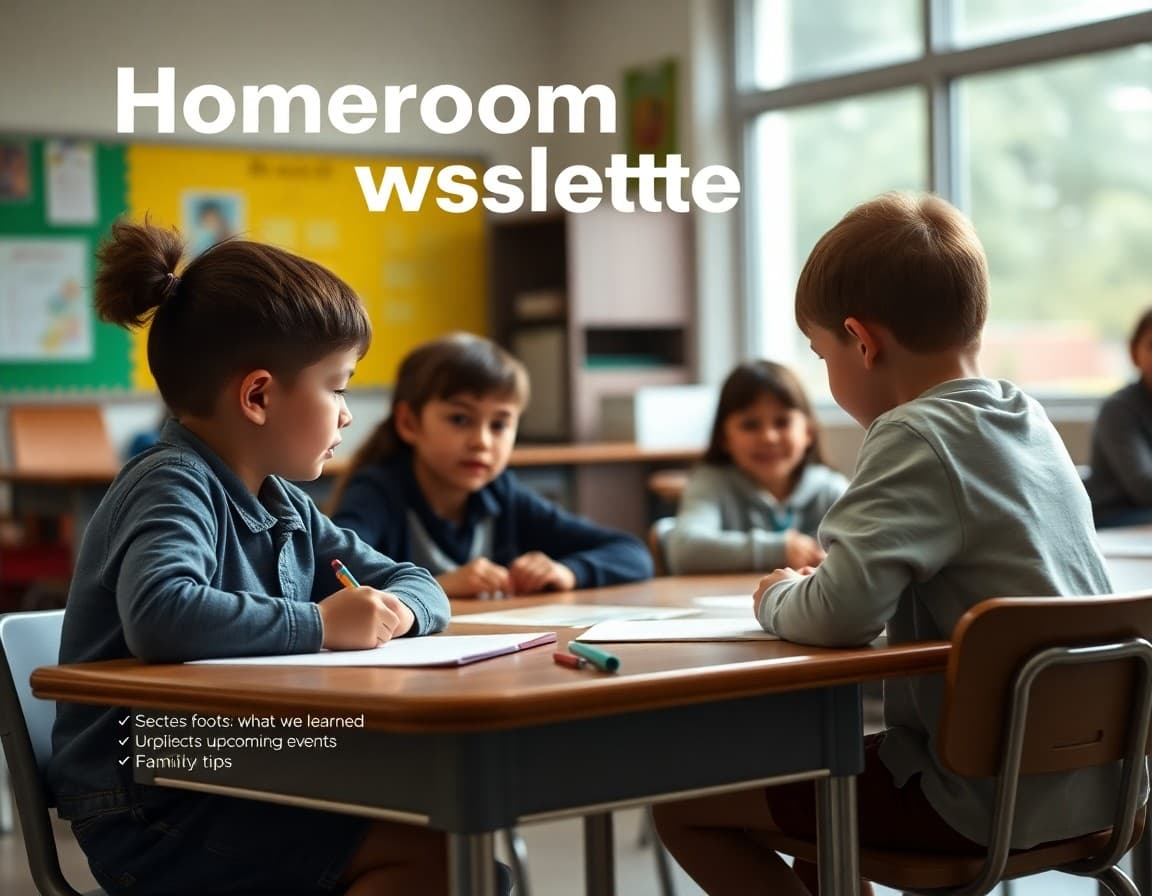 Weekly homeroom newsletter template with sections for what we learned, upcoming events, and family tips