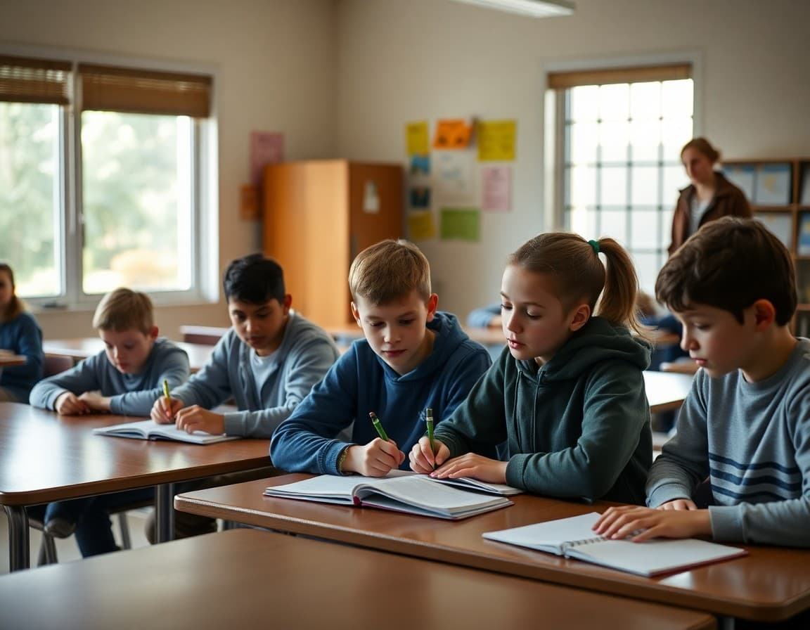 Students at tables with open notebooks getting help from a homework club supervisor