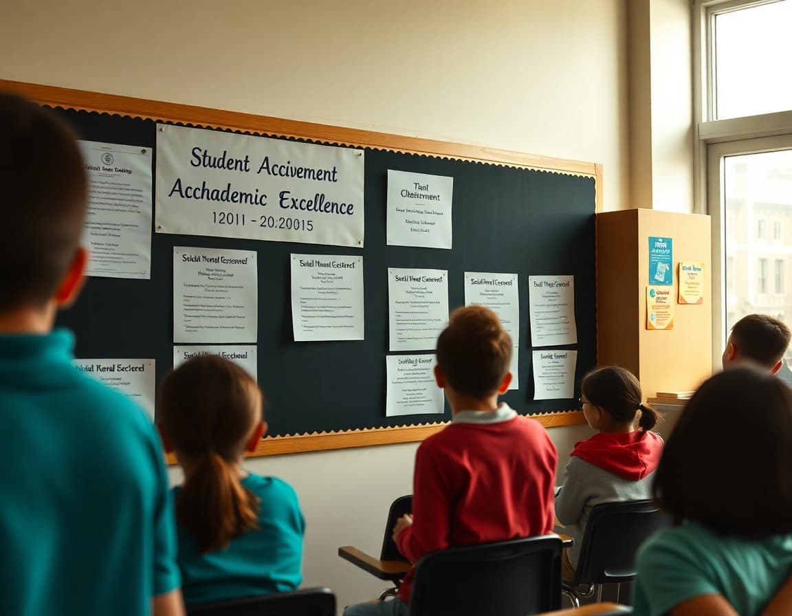 Classroom bulletin board displaying student achievement recognition for academic excellence