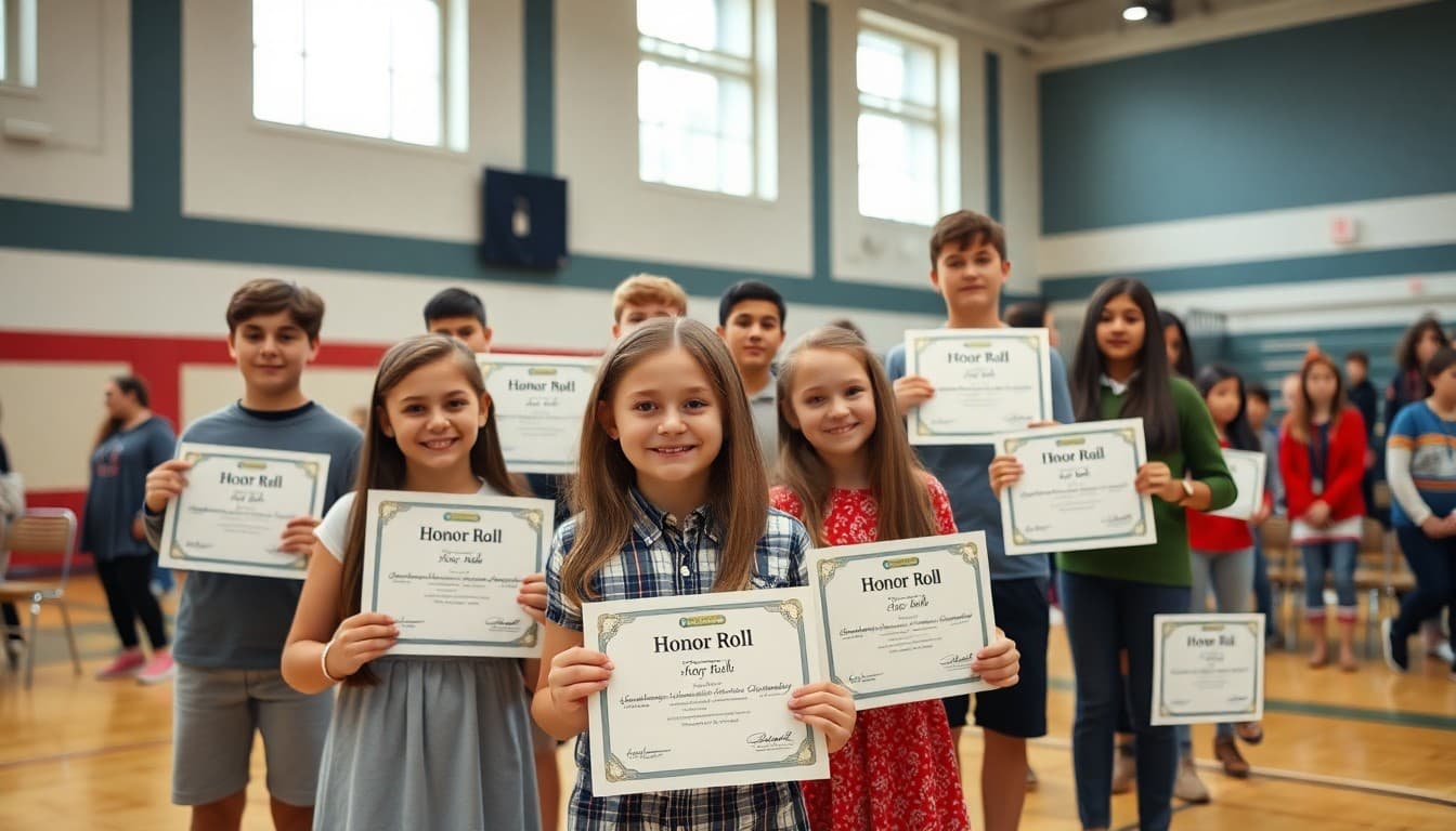 Students posing proudly with honor roll certificates in a school gymnasium at an awards ceremony