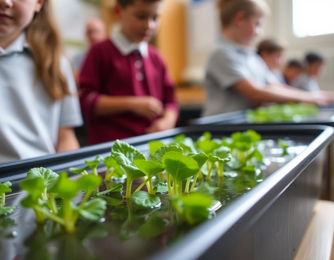 Close-up of lettuce roots growing in water in a classroom hydroponic tray