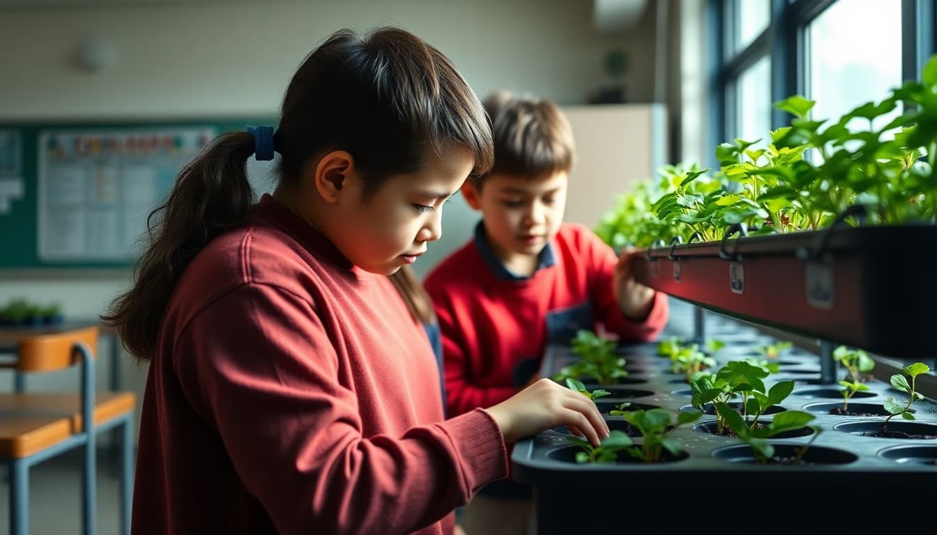 Students checking on plants growing in a hydroponic system in the classroom