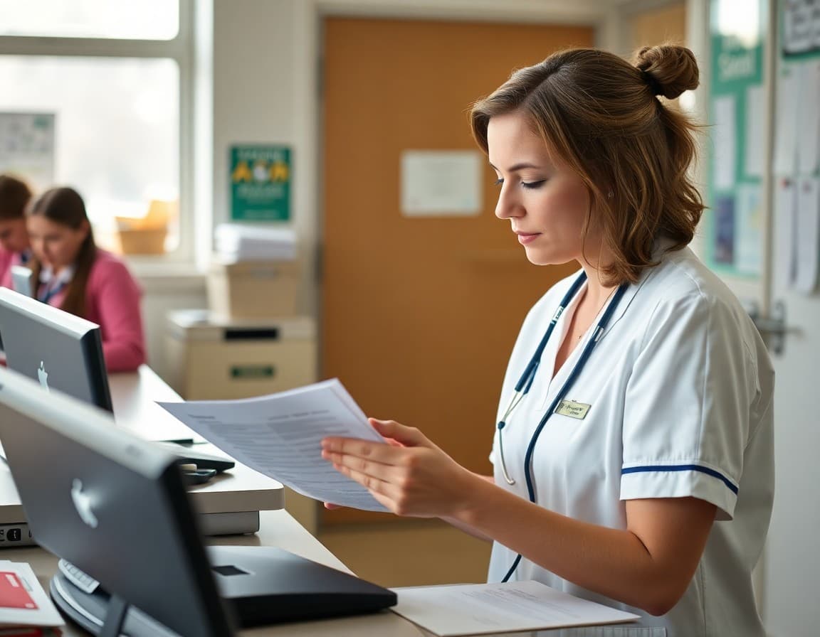 School nurse reviewing attendance and illness policy documents at a front office desk