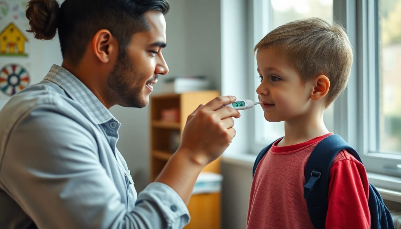 Parent taking a child's temperature at home with a thermometer before school