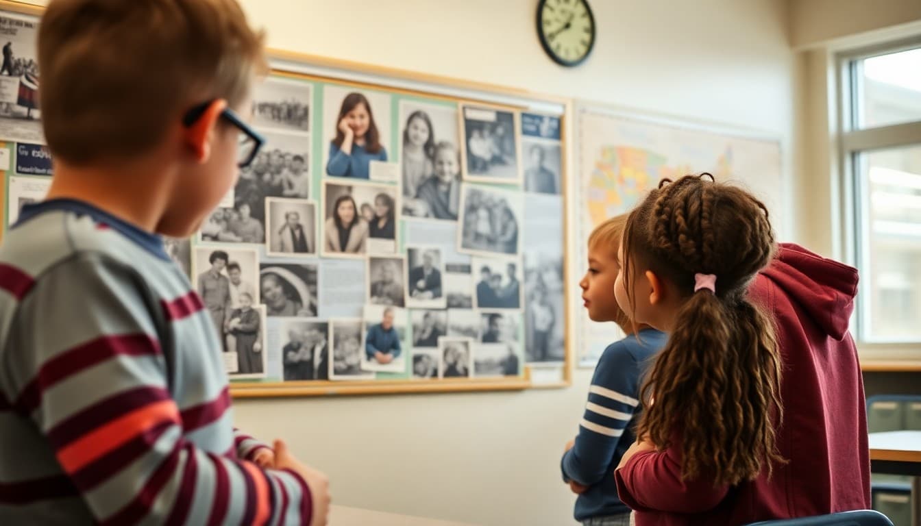 Students looking at historical photos of immigrant families on a classroom display board
