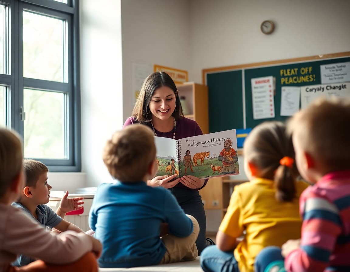 Teacher reading a picture book about Indigenous history to engaged students in a classroom circle