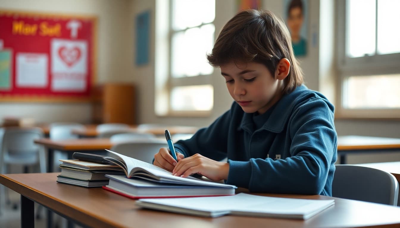Student writing an informational report with reference books and notes spread on a desk