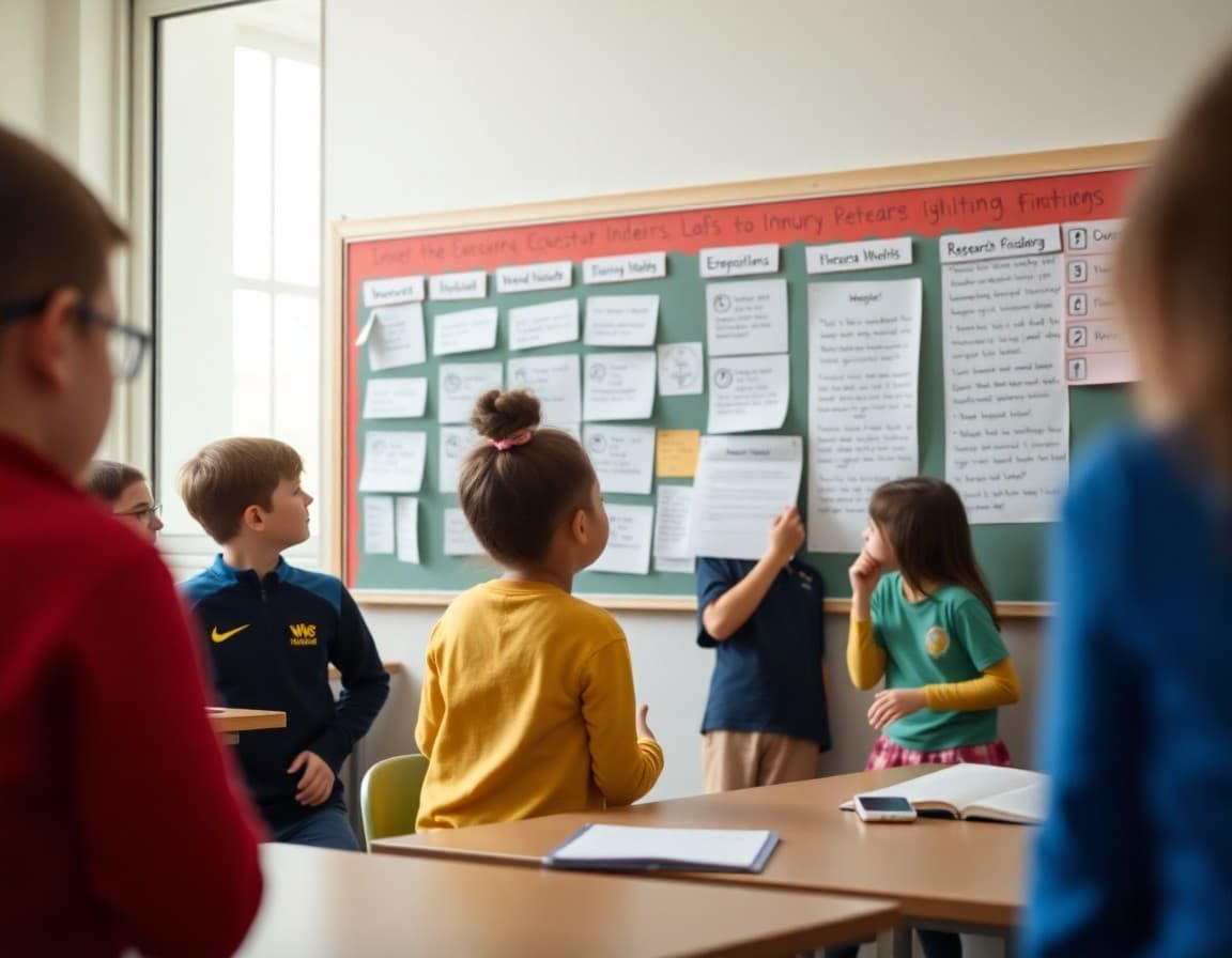 Classroom inquiry wall with student questions, research notes, and emerging findings