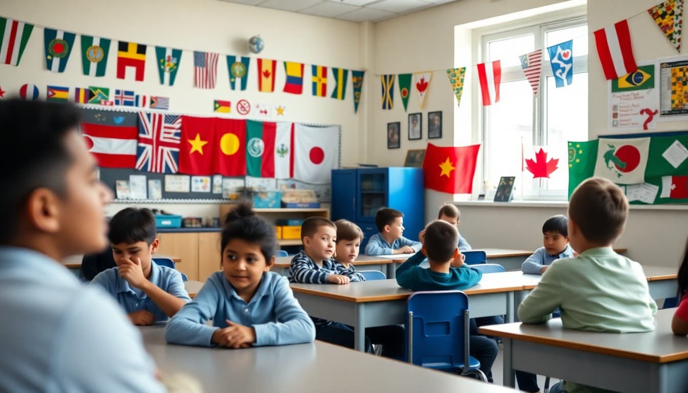 Classroom decorated with flags and student-made cultural displays from around the world