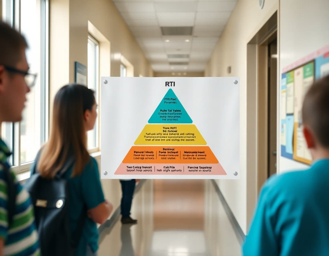 Visual diagram of the three-tier RTI support pyramid displayed in a school hallway