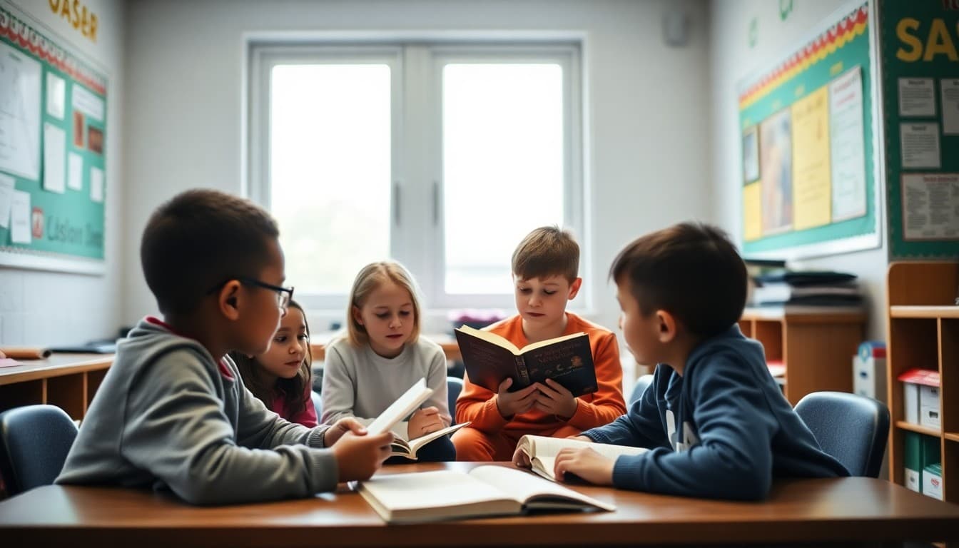 Small group of students receiving targeted reading support from a teacher in a pull-out intervention session