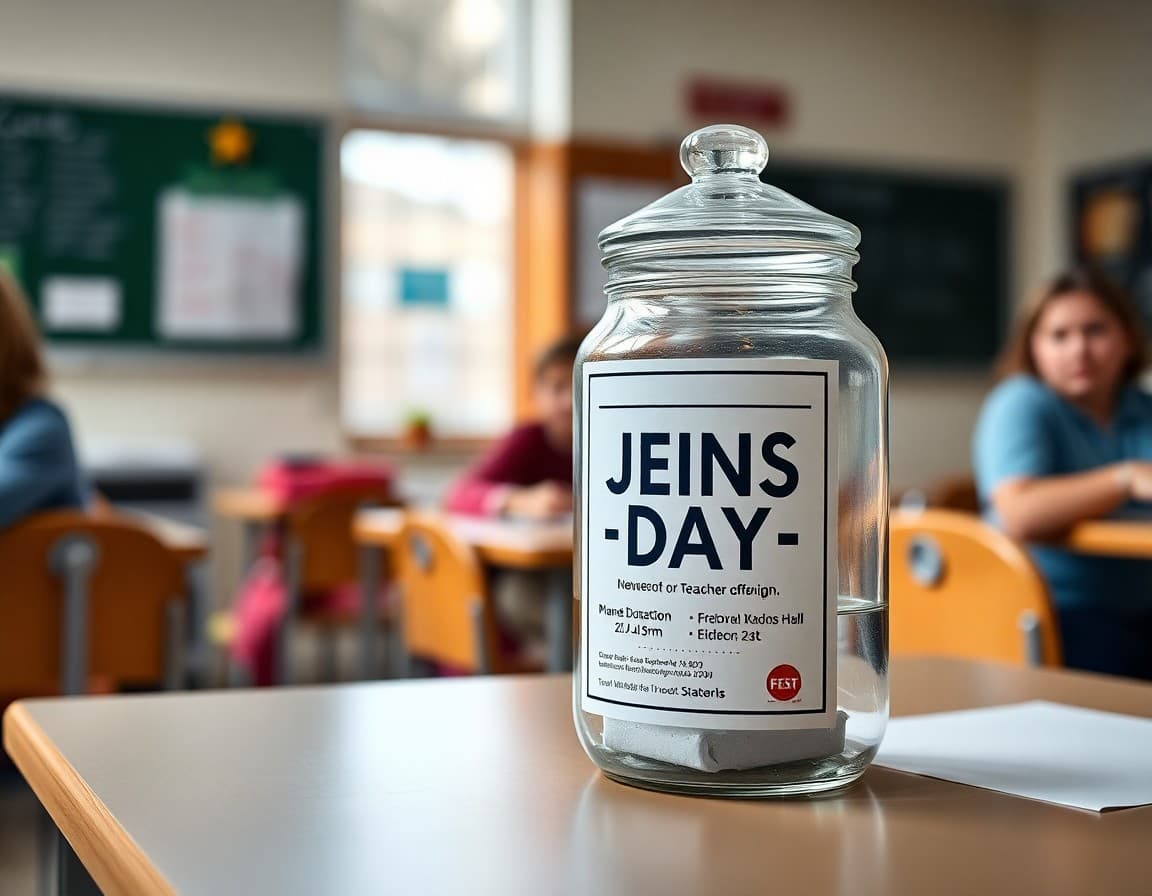 Donation jar and flyer on a teacher desk for a school jeans day fundraiser
