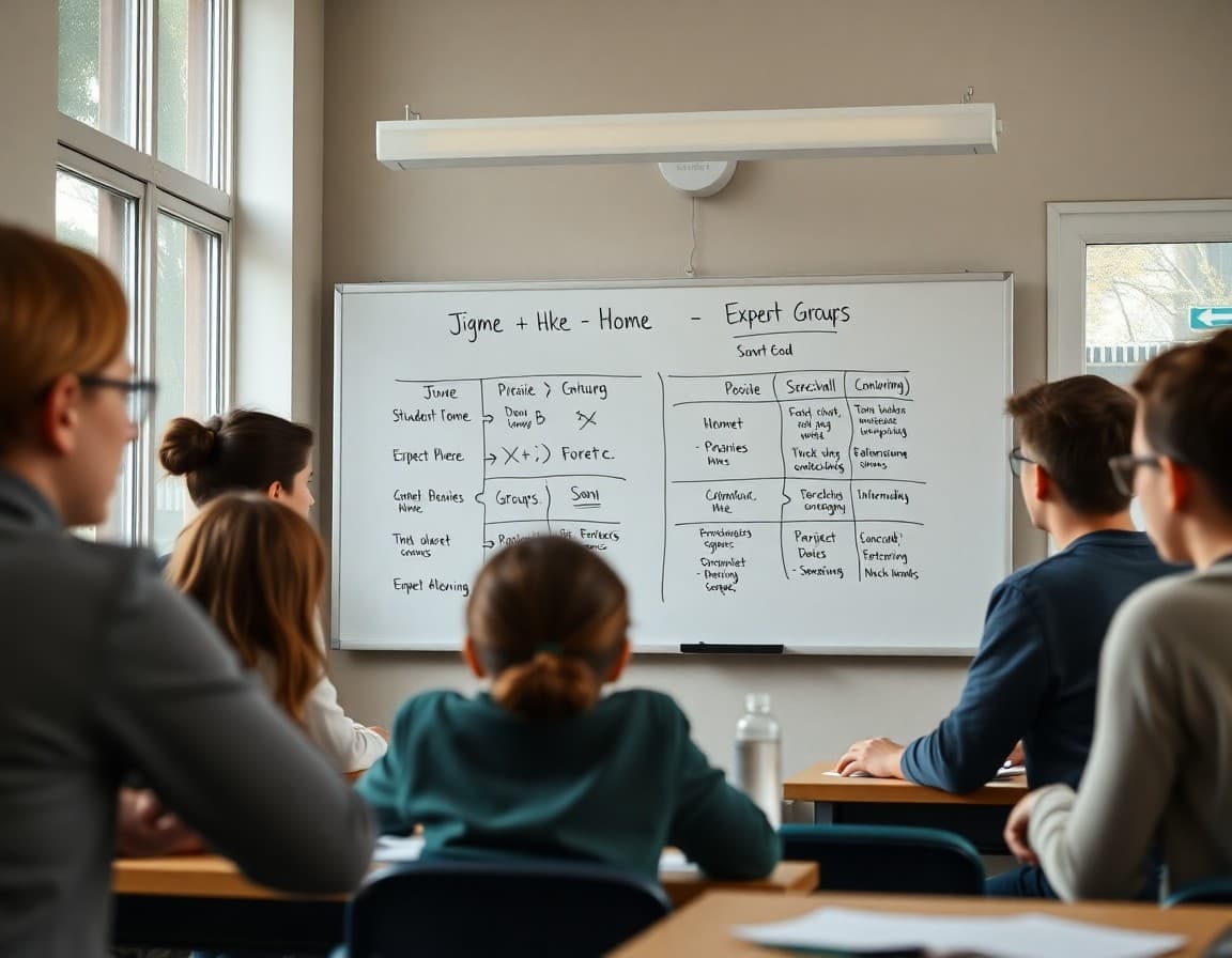 Jigsaw grouping chart on whiteboard showing student home and expert groups