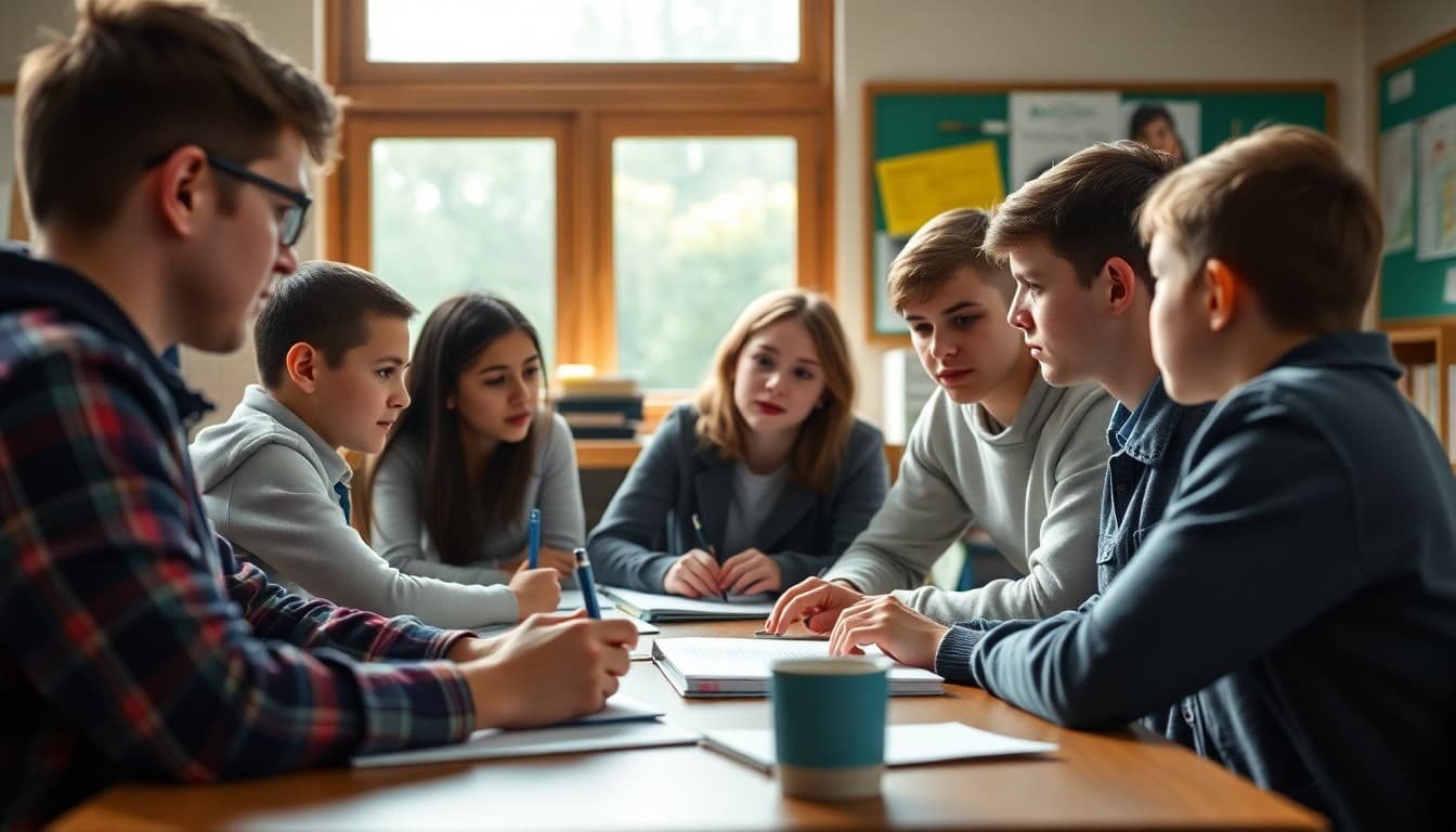 Students in expert groups discussing a topic before returning to home groups